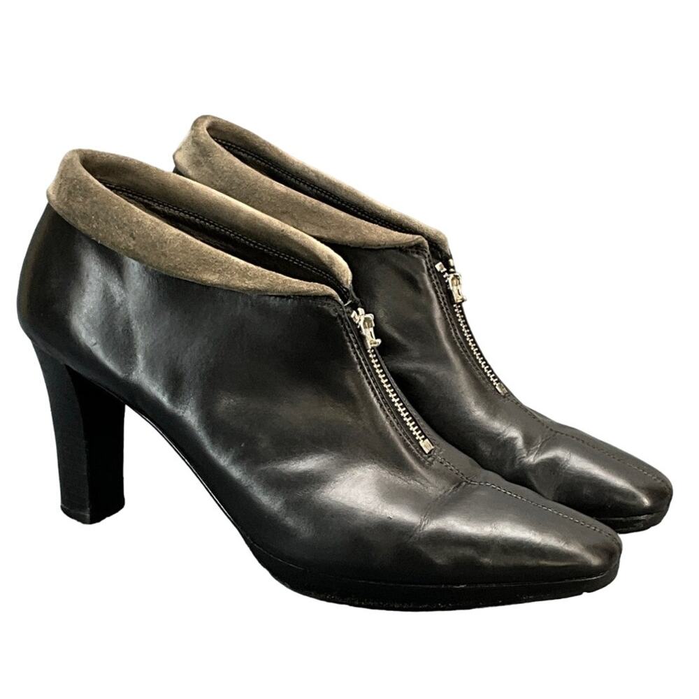 Brighton Stacey Black Leather Heel Front Zip Ankle Bootie Women 8.5
